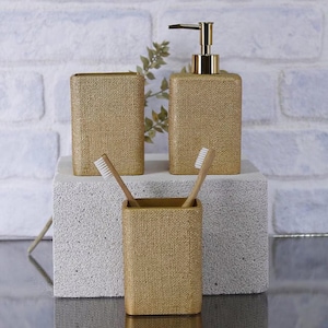 Linen Bathroom Set in Gold Color / Soap Dispenser, Toothbrush Holders