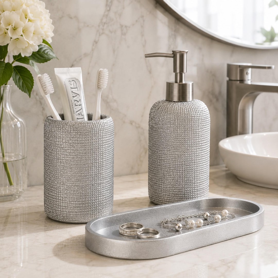 Luxuriöses 3-teiliges Badezimmer-Accessoire-Set in Silber, Kollektion Natur
