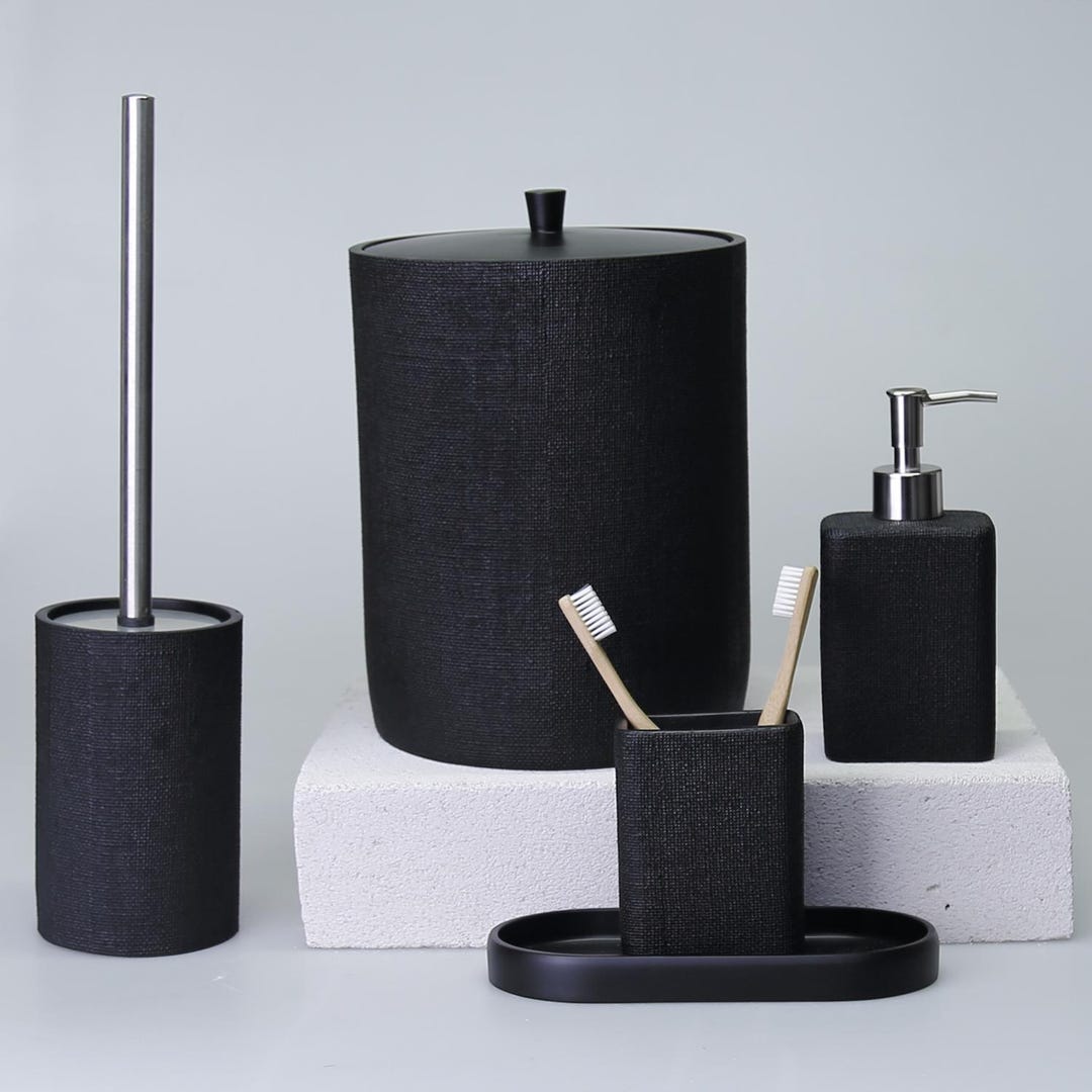 Linen Luxury Black Bathroom Accessories Set / 5pieces Bath Set With