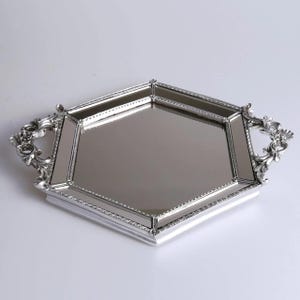Silver Mirrored Hexagon Tray: Ornate Handle Vanity Organizer