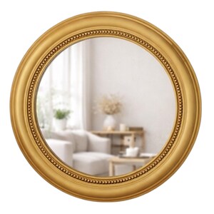 Espelho de parede redondo em resina com detalhes em vison e contas: Espelho decorativo de luxo em resina. Ouro