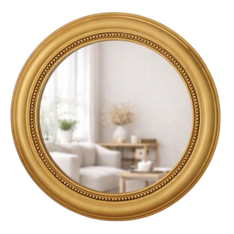 Espelho de parede redondo em resina com detalhes em vison e contas: Espelho decorativo de luxo em resina. Ouro