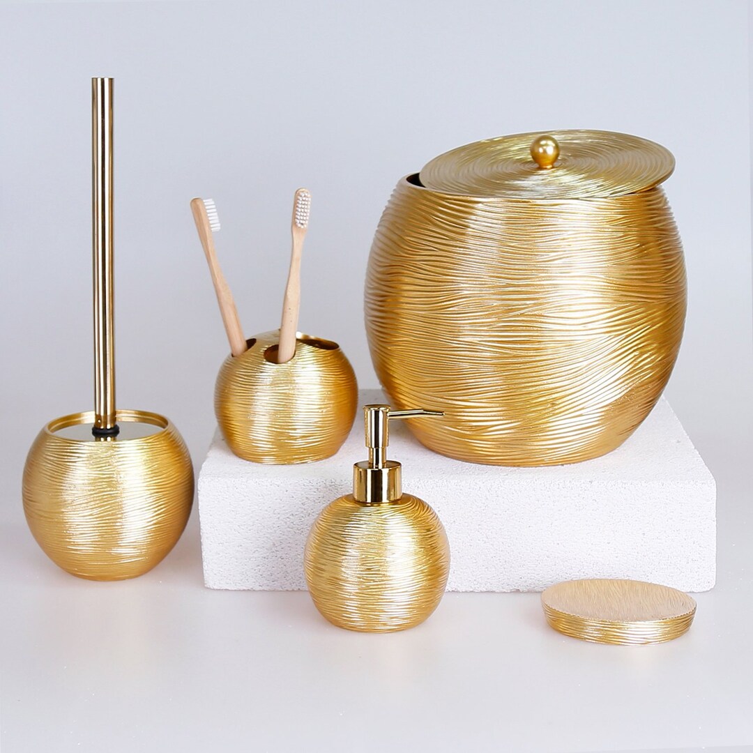 Planet 5 Pcs. Bathroom Sets in Gold Color  Trash Can, Toilet Brush, Liquid  Soap Dispenser, Toothbrush Holder, Soap Tray - Etsy
