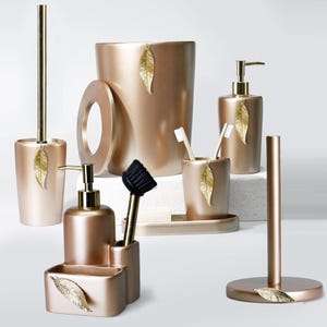 Leaf Bathroom Set in Taupe/Gold Colors / Trash Can, Toilet Brush, Soap Dish, Sponge Holder, Paper Towel Holder, Toothbrush Holder, Tray