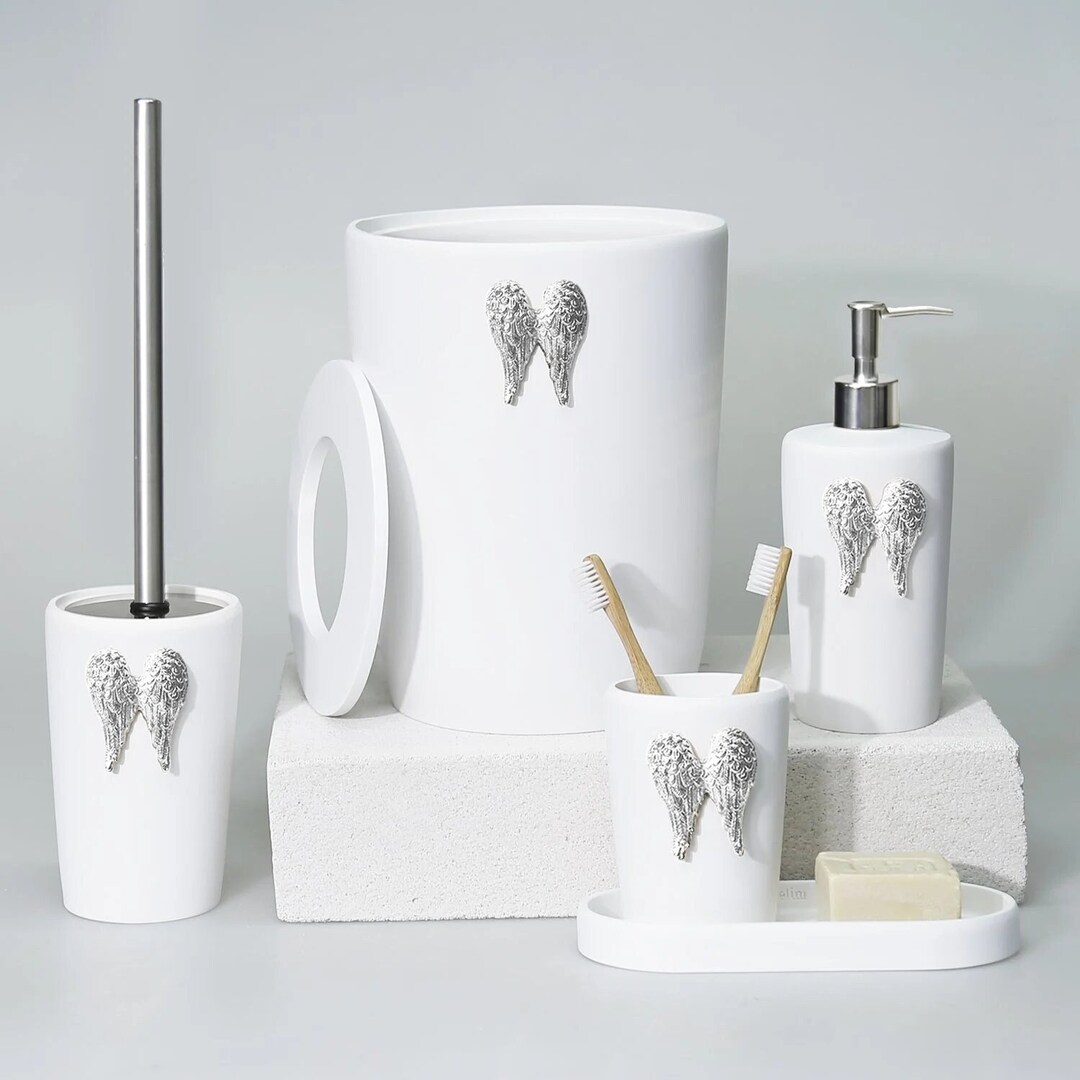 Wings Bathroom Set in Taupe Color / Dustbin, Toilet Brush, Liquid Soap  Dispenser, Toothbrush Holder, Soap Tray 