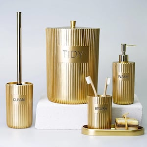 Grooved Bathroom Set / Luxury Bathroom Accessory Set with Trash can, Toilet brush, Soap Dispenser, Toothbrush Holder, Tray / Gold Color