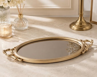 Gold Oval Mirrored Tray: Decorative Vanity Tray (10x20 in)