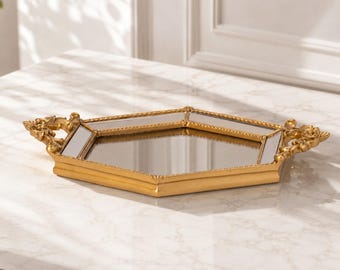Gold Hexagonal Mirrored Tray: Vintage Style Ornate Handle Vanity Tray