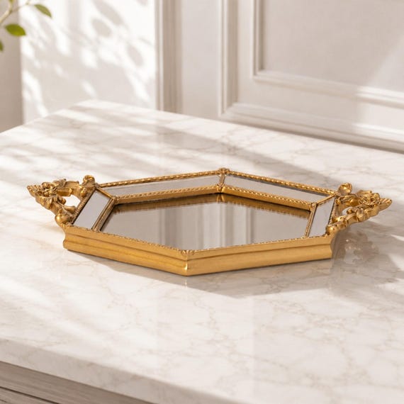 Gold Hexagonal Mirrored Tray: Vintage Style Ornate Handle Vanity Tray