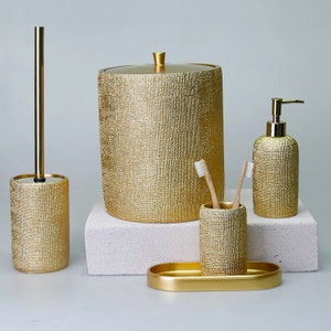 Natural Bathroom Accessories Sets in Gold Color / Trash Can, Toilet Brush, Soap Dispenser, Toothbrush Holder, Tray