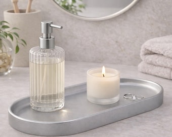 Silver Resin Oval Tray – Decorative Vanity Tray | Bathroom & Makeup Organizer | Modern Home Decor