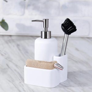 Leonis Soap Dispenser and Sponge Holder with Brush in White Color