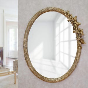 Bird Oval Wall Mirror: Gold Resin Frame, 26 Inch