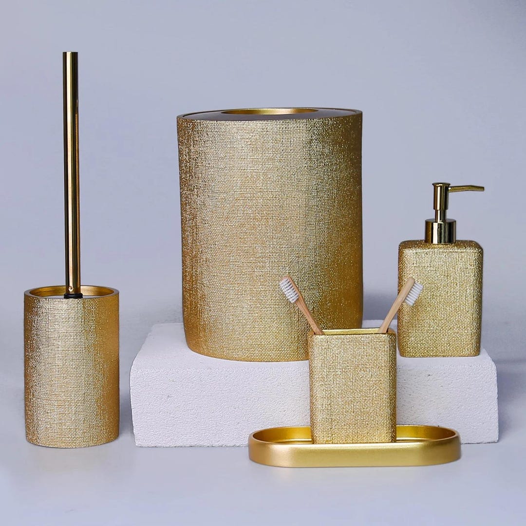 Linen Model Gold Color Bathroom Accessory Sets With Trash Can, Toilet ...