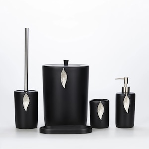 ブラックシルバーリーフデザイン樹脂バスルームアクセサリーセット、モダンスタイル
