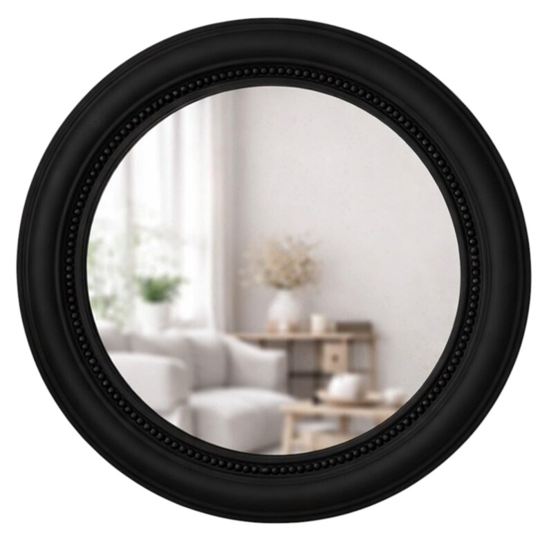 Espelho de parede redondo em resina com detalhes em vison e contas: Espelho decorativo de luxo em resina. Preto