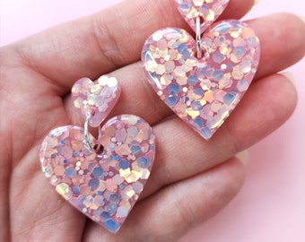 Sparkly pink heart earrings - delicate pink heart dangles - statement earrings - handmade with resin - gift for her - girly accessories