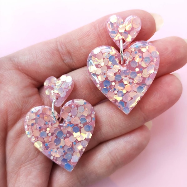 Sparkly pink heart earrings - delicate pink heart dangles - statement earrings - handmade with resin - gift for her - girly accessories