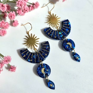 Royal blue and gold earrings// night sky dangle earrings-star sun and moon jewellery-handmade resin earrings-long navy earrings-celestial