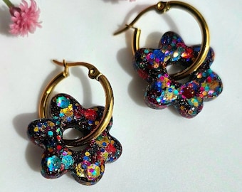 Rainbow glitter flower hoop earrings // gold hoops-sparkly flower earrings-floral jewellery-colourful earrings-small chunky hoops-gift idea