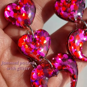Hot pink glitter heart shape dangle earrings // sparkly fuchsia handmade resin earrings statement heart earrings colourful jewellery image 4
