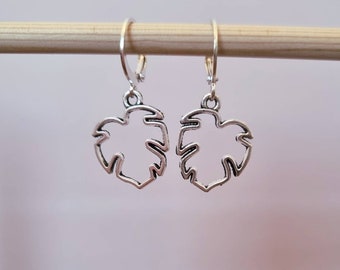 Monstera leaf huggies - silver plated hoop or huggie hoop - Tropical earrings.