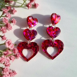 Hot pink glitter heart shape dangle earrings // sparkly fuchsia handmade resin earrings statement heart earrings colourful jewellery image 1