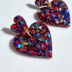 Rainbow Glitter Heart Earrings// Colourful Handmade Resin Statement Jewellery