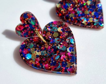 Rainbow Glitter Heart Earrings// Colourful Handmade Resin Statement Jewellery