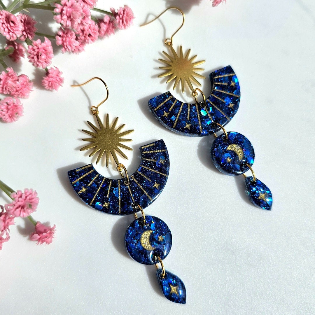 Royal Blue and Gold Earrings// Night Sky Dangle Earringsstar Sun and — free download