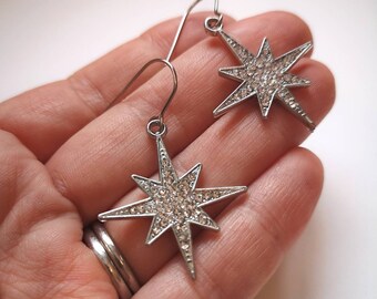 Silver star earrings - sparkly starburst earrings - stainless steel hook - party earrings - Christmas earrings - gift for her