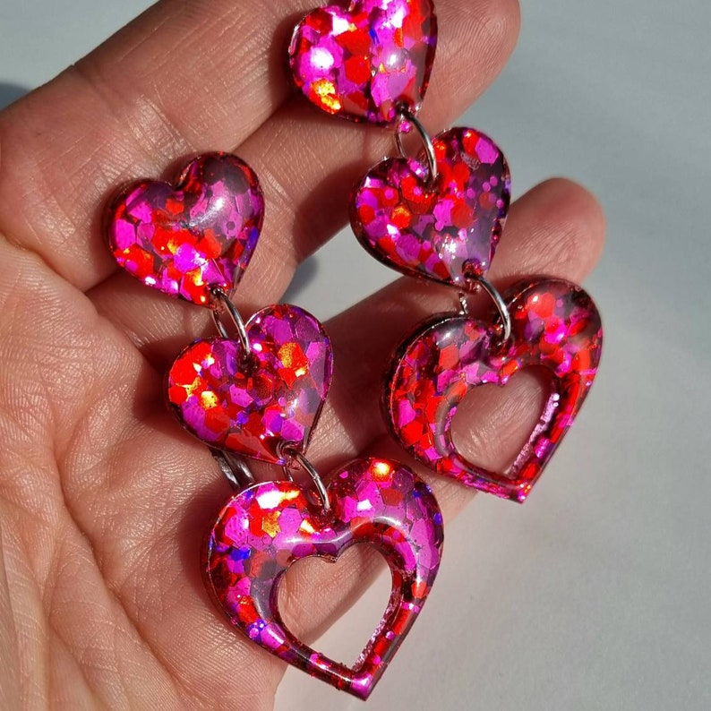 Hot pink glitter heart shape dangle earrings // sparkly fuchsia handmade resin earrings statement heart earrings colourful jewellery image 3