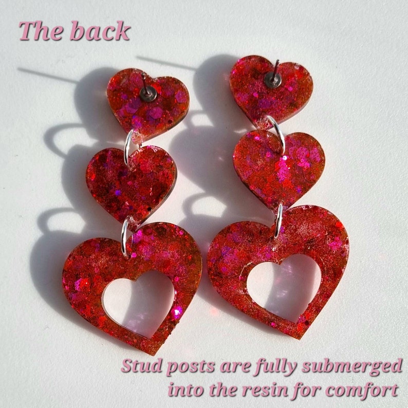 Hot pink glitter heart shape dangle earrings // sparkly fuchsia handmade resin earrings statement heart earrings colourful jewellery image 6