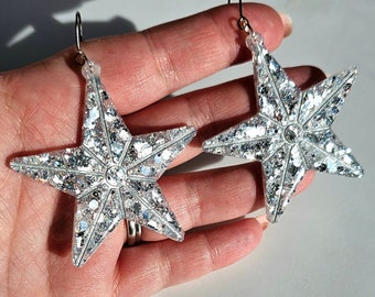 Large sparkly silver star earrings // silver jewellery- Christmas star earrings- glittery accessories- handmade resin star earrings- for her