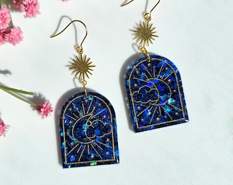 Royal blue and gold stained glass window earrings// night sky dangle earrings-star and moon jewellery-handmade resin earrings-celestial