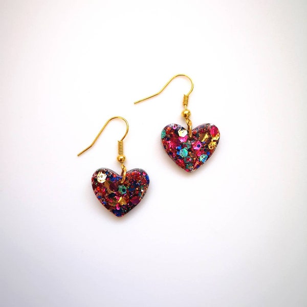 Sparkly heart earrings - rainbow glitter - gold plated hook - handmade with resin.