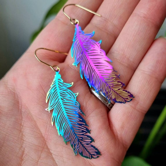 Buy Rainbow Feather Earrings on a Stainless Steel Hook Petrol