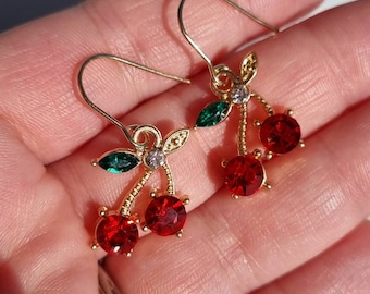 Cherry jewellery // cute crystal earrings - cherry necklace, cherry earrings - gift for her - cherry accessories - gift for teen