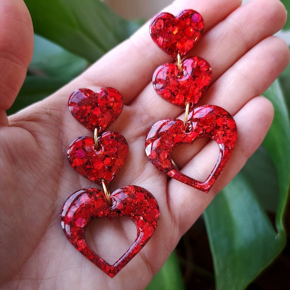Sparkly Red Heart Dangle Earrings Triple Heart Earrings Three
