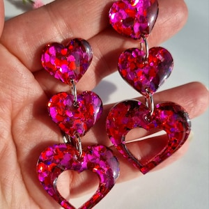 Hot pink glitter heart shape dangle earrings // sparkly fuchsia handmade resin earrings statement heart earrings colourful jewellery image 2