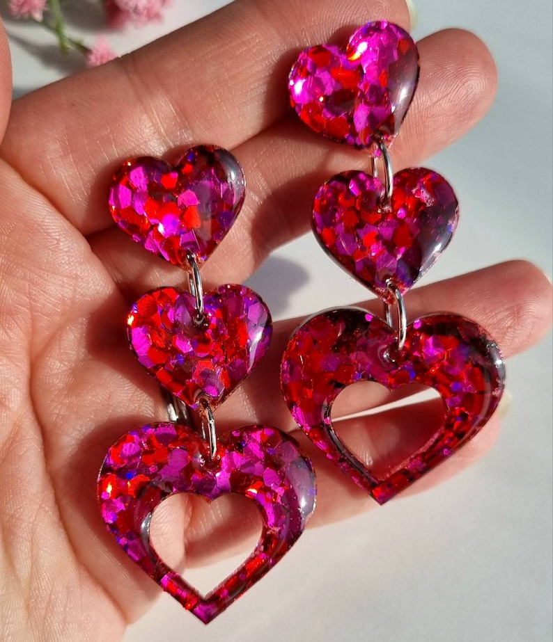 Hot pink glitter heart shape dangle earrings // sparkly fuchsia handmade resin earrings statement heart earrings colourful jewellery image 2
