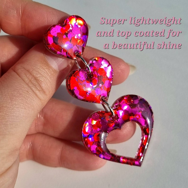 Hot pink glitter heart shape dangle earrings // sparkly fuchsia handmade resin earrings statement heart earrings colourful jewellery image 5