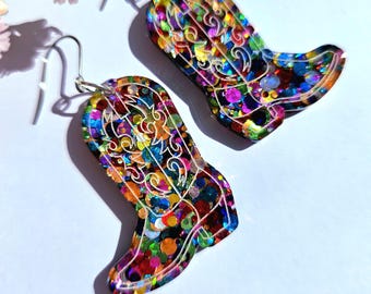 Rainbow Glitter Cowboy Boot Earrings// Handmade Resin Cowgirl Jewellery - Stainless Steel Hook