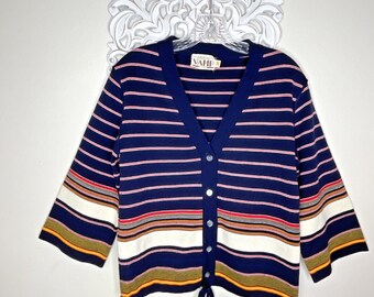 VAMP by Koret size M Knit SWEATER V-Neck Button up 3/4 Sleeves Striped BLUE