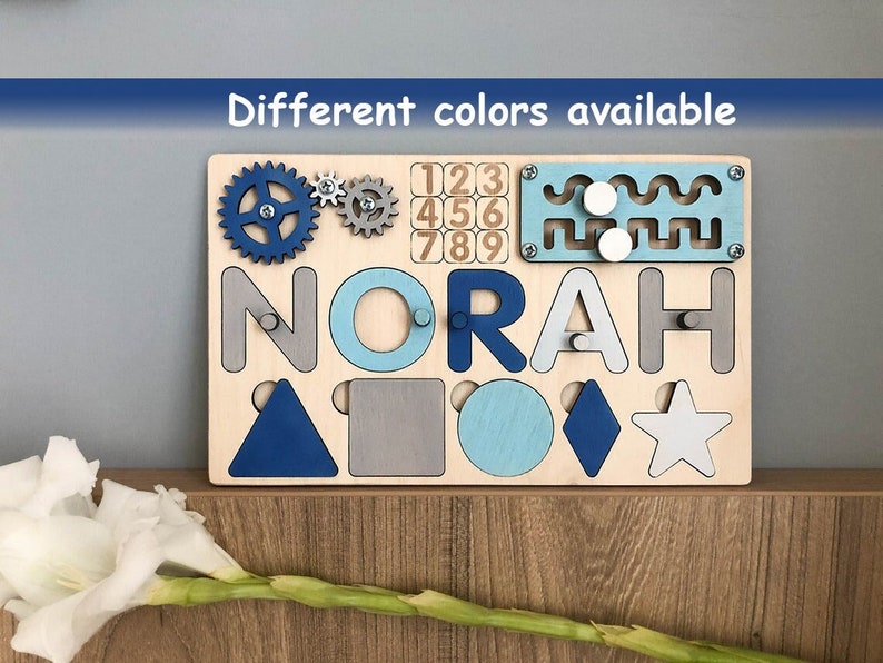 Custom name puzzle for boys Blue name puzzle Busy board for boy Nursery decor Unique baby boy gift Puzzle with pegs Wooden toy Nephew gift 