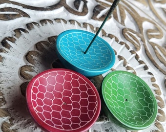 Fair Trade Handcarved Painted Honeycomb Round Soapstone Incense Sticks Cones Burner Holder Dish Tray Stand Yoga Meditation Gift