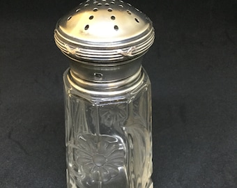 Antique French Intaglio Clear Glass Sugar Sifter With Silver Top
