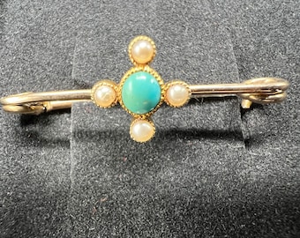Spilla antica in oro 9 carati con turchese e perle, stile edoardiano.