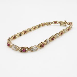 Vintage 9 Karat Gelbgold Rubin und Diamant X Link Kiss Armband gestempelt