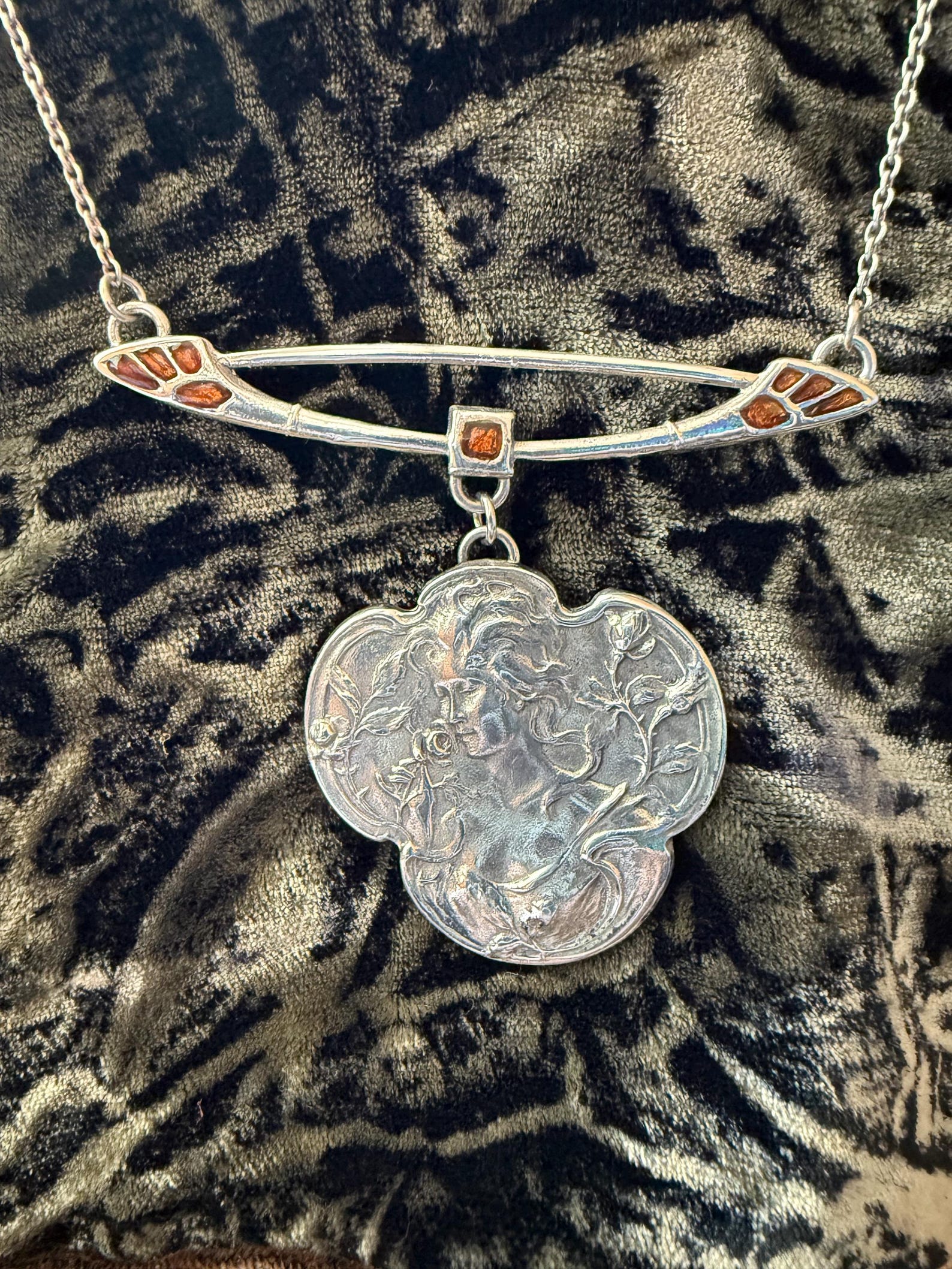 Art Nouveau Style Silver and Enamel Maiden Pendant Necklace Fixed ...